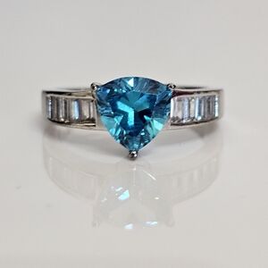 Genuine 3 Carat Swiss Blue Topaz & White Zircon Ring Sterling Silver Size 8!